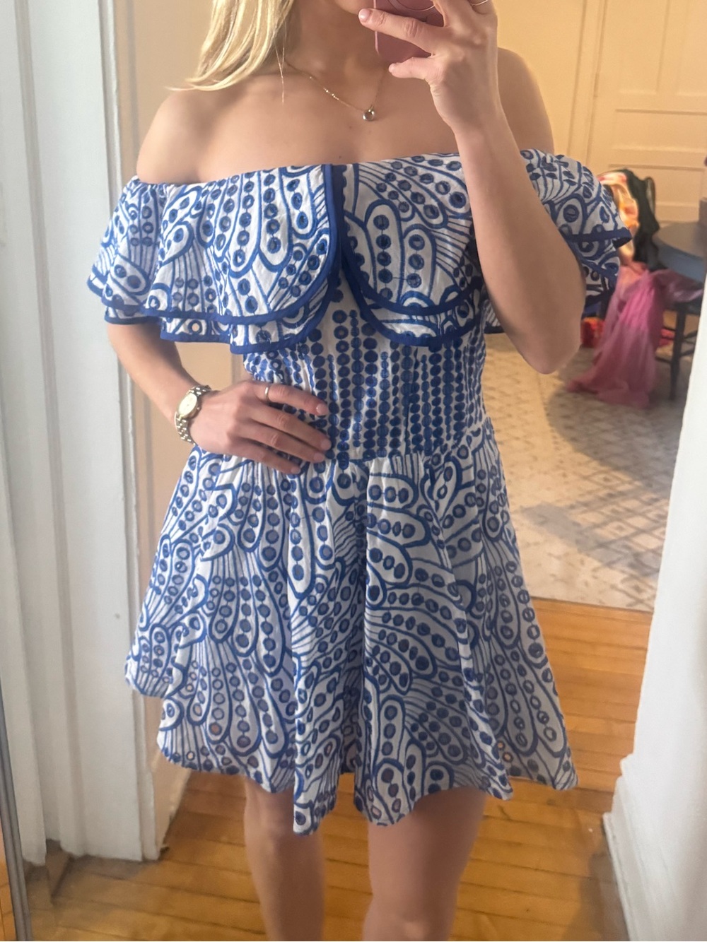 Commense Off-Shoulder White Dress with Blue Print